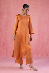 Orange Raw Silk Satin Dori Embroidered Kurta Set