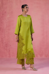 Green Raw Silk Satin Dori Embroidered Kurta Set