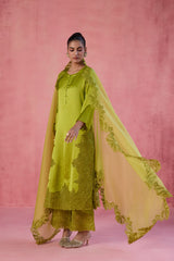 Green Raw Silk Satin Dori Embroidered Kurta Set