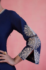 Navy Blue Cotton Silk Blend Embroidered Anarkali Set