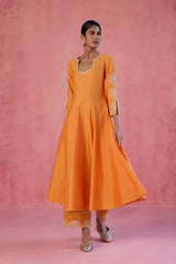Orange Cotton Silk Blend Embroidered Anarkali Set