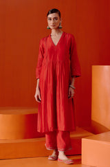 Red Silk Chanderi Patra Embellished Kurta Set
