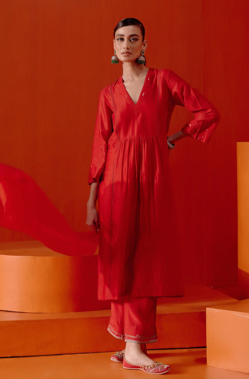 Ananya Panday in Red Silk Chanderi Patra Embellished Kurta Set