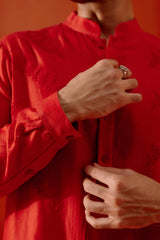 Riteish Deshmukh in Red Self Embroidered Chanderi Kurta Set
