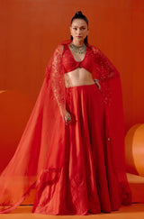 Red Embroidered Silk Chanderi Lehenga Set