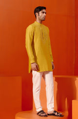 Mustard Embroidered Chanderi Kurta Set