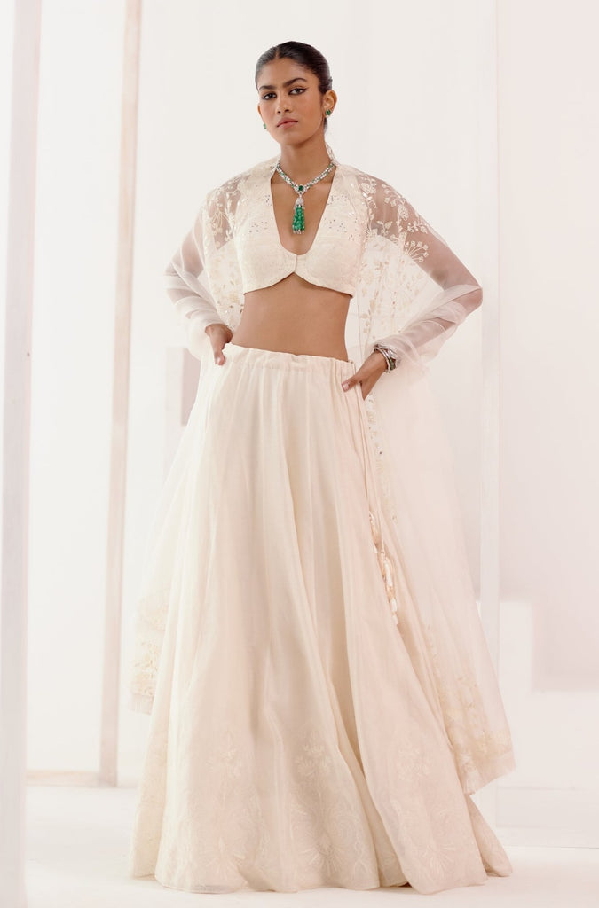 Ivory Embroidered Silk Chanderi Lehenga Set