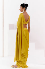 Mustard Satin Pre Draped Saree
