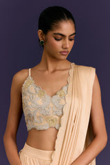 Beige Embroidered Pre-Draped Saree Set