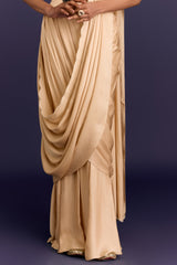 Beige Embroidered Pre-Draped Saree Set