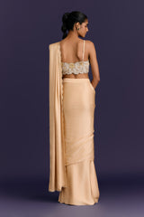 Beige Embroidered Pre-Draped Saree Set