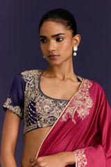 Fuchsia/Navy Embroidered Chinniya Silk Saree Set