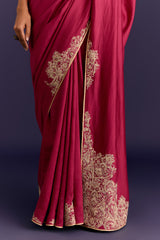 Fuchsia/Navy Embroidered Chinniya Silk Saree Set