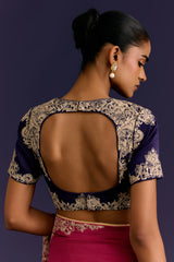 Fuchsia/Navy Embroidered Chinniya Silk Saree Set