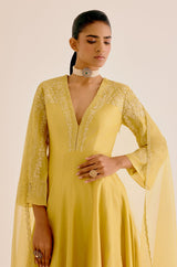 Yellow Silk Chanderi Dori Embroidered Anarkali Set