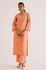 Peach Silk Chanderi Dori Embroidered Kurta Set