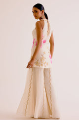 Divya Khosla in Ivory and Pink Silk Organza Hand-Painted Embroidered Sharara Set