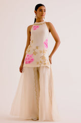 Divya Khosla in Ivory and Pink Silk Organza Hand-Painted Embroidered Sharara Set
