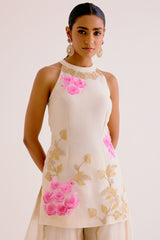 Divya Khosla in Ivory and Pink Silk Organza Hand-Painted Embroidered Sharara Set