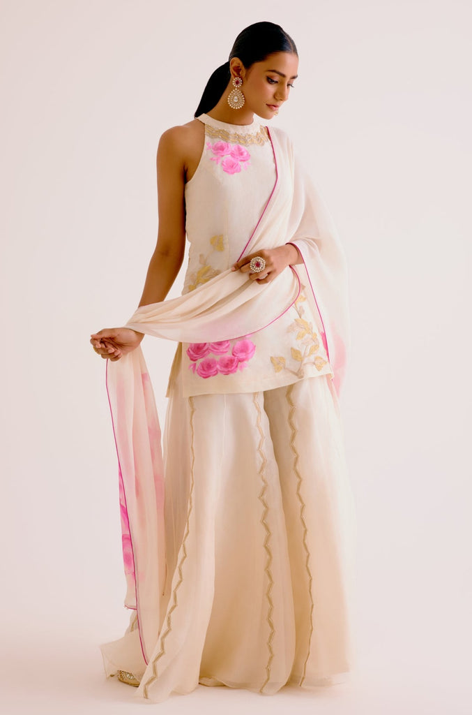 Ivory and Pink Silk Organza Hand-Painted  Embroidered Sharara Set