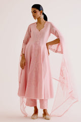 Pooja Hegde in Blush Pink Silk Chanderi Dori Embroidered Anarkali Set