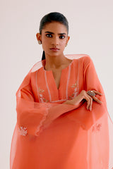 Orange Silk Chanderi Dori and Sequins Embroidered Kurta Set