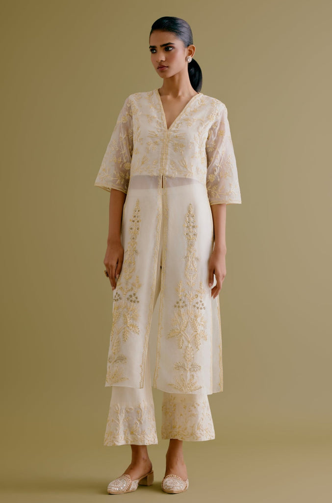 Ivory Silk Organza Embroidered Kurta Set