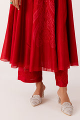 Ruby Red Silk Chanderi Dori Embroidered Anarkali Set