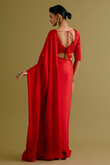 Ruby Red Satin Saree with Embroidered Belt