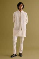 Ivory Woven Kurta Set with Dori Embroidered Bundi