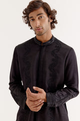 Black Silk Satin Front-Open Kurta Set