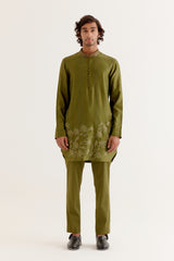 Olive Green Floral Embroidered Chanderi Short Kurta Set