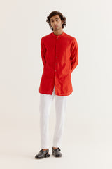 Red Kurta with Embroidered Bundi Set