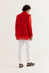 Red Kurta with Embroidered Bundi Set