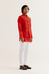 Red Kurta with Embroidered Bundi Set