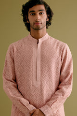 Blush Pink Woven Kurta Set with Dori Embroidered Bundi