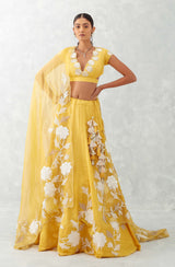 Mango Yellow Embroidered Cotton Silk Satin Lehenga Set