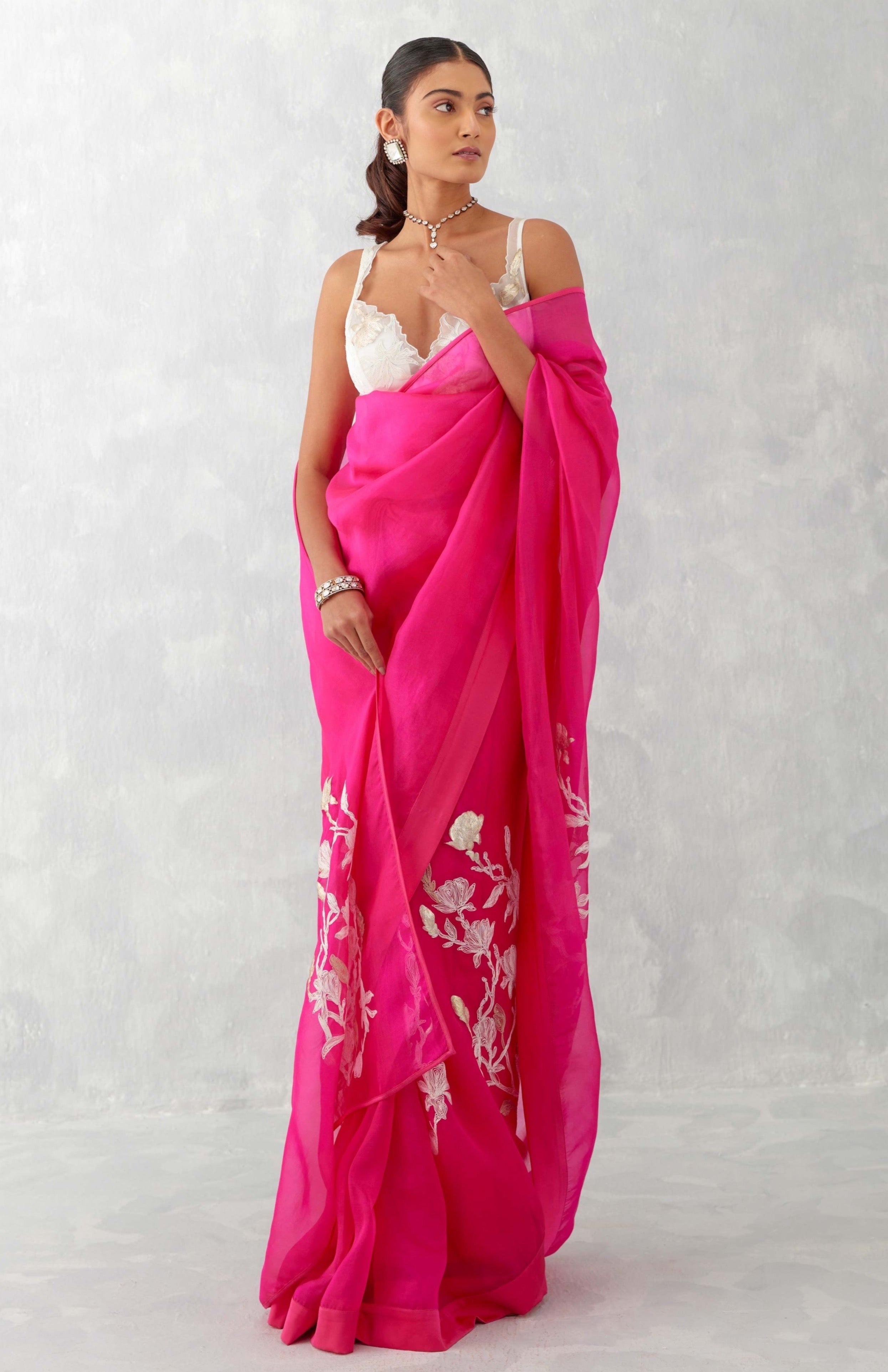 Devnaagri Fuchsia Pink Embroidered Silk Organza Saree
