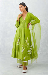 Green Embroidered Chanderi Anarkali Set (RTS)