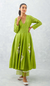 Green Embroidered Chanderi Anarkali Set (RTS)