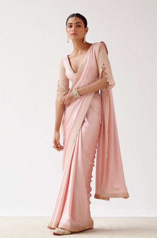 Kriti Kharbanda in Blush Pink Embroidered Satin Saree