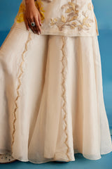 Ivory and Yellow Silk Organza Hand-Painted Embroidered Sharara Set