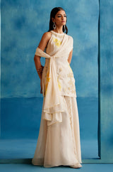 Ivory and Yellow Silk Organza Hand-Painted Embroidered Sharara Set