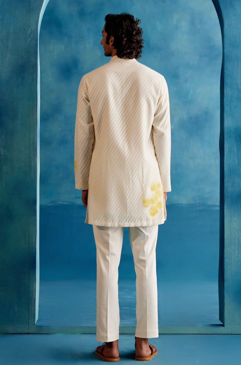 Ivory and Yellow Woven Silk Chanderi Front Open Hand-Painted Kurta Set