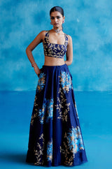 Navy Silk Chanderi Hand Painted Lehenga Set