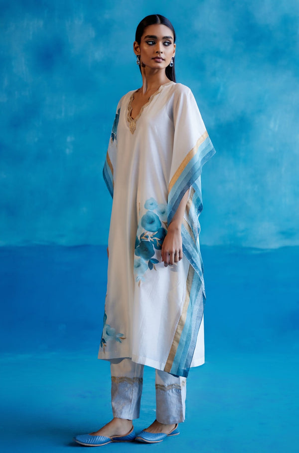 Ivory and Blue Silk Chanderi Hand-Painted Embroidered Kaftan Set