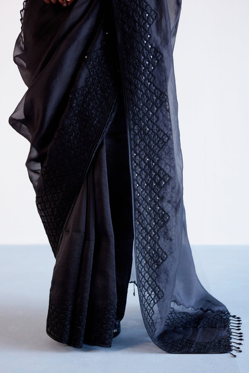 Black Sequins Embroidered Silk Organza Saree