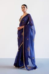 Navy Blue Zardozi and Sequins Hand Embroidered Silk Organza Saree