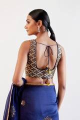 Navy Blue Zardozi and Sequins Hand Embroidered Silk Organza Saree