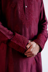 Maroon Embroidered Tussar Silk Kurta Set